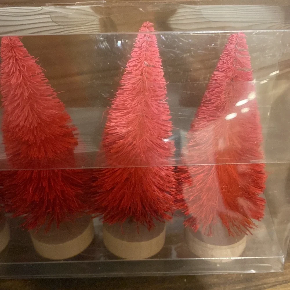 Wooden tabletop Christmas church “joy to the World” red bottle brush tree set